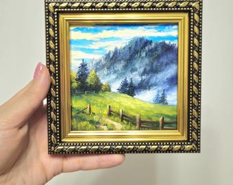 Mini original oil painting, oil on canvas, oil mountain morning on hardboard,landscape original, small painting. Impressionist painting