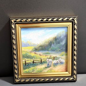 Oil Mini Painting, Miniature Landscape 4x4 inch, Small Farm Animal Artwork, Pastoral Scene Painting, Rustic Cottagecore Decor