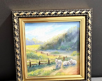 Oil Mini Painting, Miniature Landscape 4x4 inch, Small Farm Animal Artwork, Pastoral Scene Painting, Rustic Cottagecore Decor