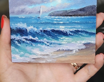 Mini oil painting on panel, miniature , seascape with Boat, original art