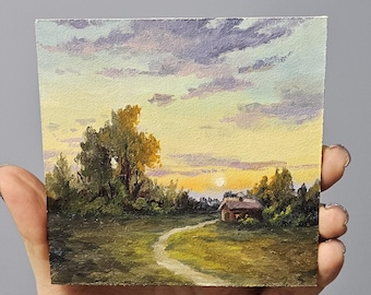 Miniature Original Oil Landscape Painting, Small Sunset Countryside Art, Rustic Cottage Field, Tiny Wall Art