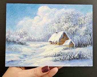 Mini Oil Painting on hardboard, Winter Landscape, Original Small Art on Wood Panel, Winter Cabin Miniature Oil Painting, Christmas