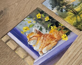 Mini original oil painting, Orange Cat on Windowsill – Original Oil Painting 10x10 cm,Miniature, animal