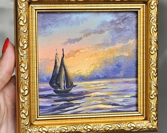 Mini original oil painting on hardboard, miniature , seascape with boat,Sunset original art