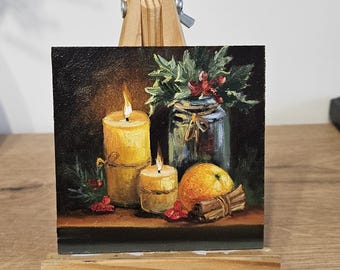 Oil Miniature, Original Mini Oil Painting Candle Still Life, Cozy Winter Art, Small Oil Painting, Hand Painted Wall Art