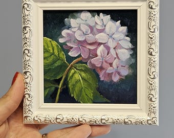 Original Hydrangea Oil Painting 4x4 Mini Flower Art, Floral Miniature on MDF, Small Cottagecore Home Decor, Gift for Mom.