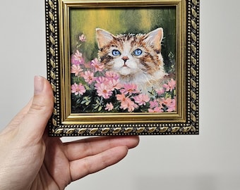 Original Tiny Cat Oil Painting Mini Framed Art, Fluffy Kitten in Pink Flowers, Pet Lover Gift, Small Impasto Floral Painting 4x4, Cat Mom Gi