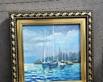 Mini Original Miniature Oil Painting, Sailboats Seascape, Tiny Boat Art, Nautical Wall Decor, Small Impressionist Painting, for Sailor