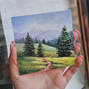 Mini original oil painting, mountain morning, small painting, Impressionist countryside painting