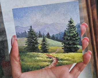 Mini original oil painting, mountain morning, small painting, Impressionist countryside painting, oil on panel