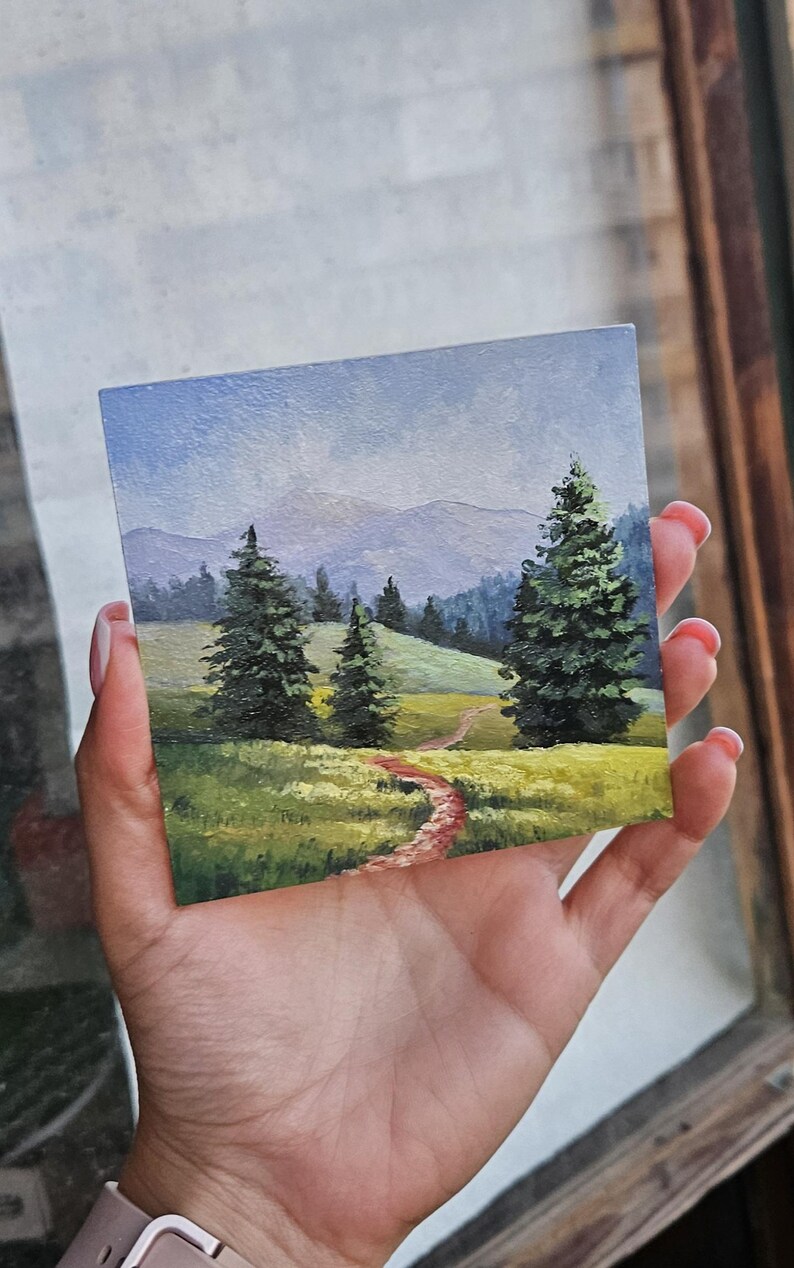Mini original oil painting, mountain morning, small painting, Impressionist countryside painting