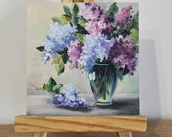 Purple Lilacs Original Oil Painting, 4x4 Mini Floral Art, Small Bouquet in Vase Painting, Spring Flower Miniature, Textured Impasto Art