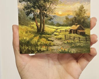 Miniature Oil Painting Sunset Landscape 10x10 cm, Original Small Farm Art, Rustic Cottage Wall Decor, Tiny Countryside Artwork