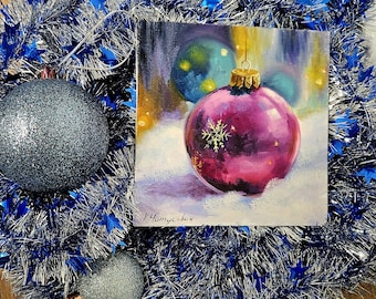 Oil miniature, mini Christmas painting ,oil on canvas,Purple Bauble Artwork , Original Holiday Decor