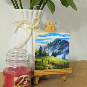 Mini original oil painting, oil on canvas, oil mountain morning on hardboard,landscape original, small painting 4×4.