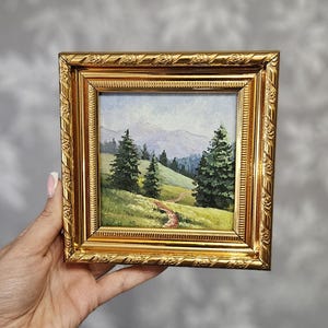Mini original oil painting, mountain morning, small painting, Impressionist countryside painting
