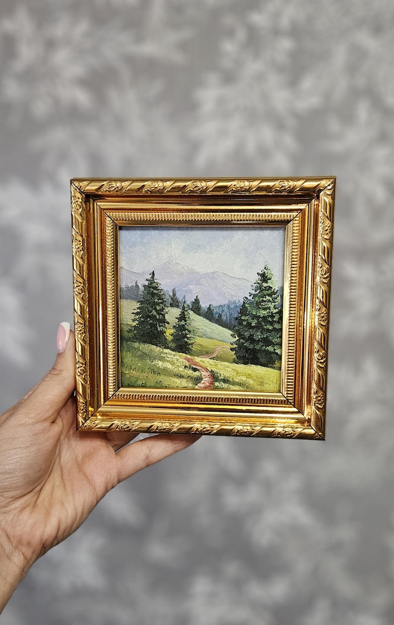 Mini original oil painting, mountain morning, small painting, Impressionist countryside painting