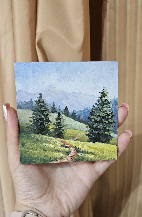 Mini original oil painting 4x4, mountain morning, small painting, Impressionist countryside painting, oil on panel