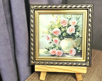 Mini Original Rose Oil Painting Miniature Floral Wall Art, Small Pink Roses Impasto Flower, Tiny Still Life Painting on Panel