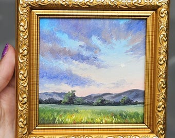 Original Oil Painting, Miniature, mini oil Landscape on Hardboard – Tiny Original Art with Sky, Field and Mountains – Small Nature Artwork