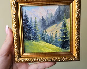 Original Small Mountain Landscape Painting, Oil Art, Mini Forest Scene Wall Decor, Tiny Nature Artwork Gift