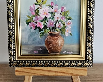 Apple Blossom Oil Painting Small Flower Artwork Miniature Floral Wall Art Impasto Textured Painting 4x4 Custom Frame Gift for Her Desk Decor