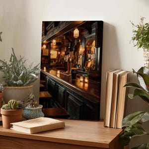 a cozy indoor setting with a wooden table, a bookshelf, and a potted plant. On the table, there are a few books, a small plant, and a candle, creating a warm and inviting atmosphere. The background of the image shows a bar scene with a counter, a barstool, and a lamp, suggesting a relaxing and comfortable environment.