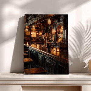 a cozy and inviting bar scene, with a wooden bar counter, stools, and various bottles and glasses displayed on the shelves.