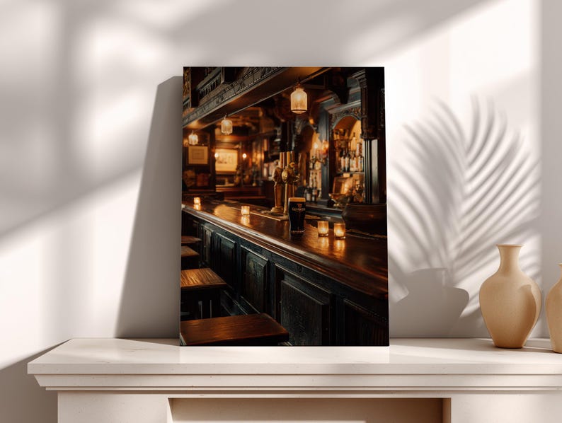 a cozy and inviting bar scene, with a wooden bar counter, stools, and various bottles and glasses displayed on the shelves.