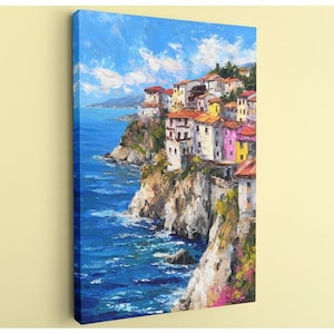 Bright Italy Coast Canvas Wall Art, Vibrant Seaside Village Painting, Textured Amalfi Print, Cheerful Mediterranean Decor, Housewarming Gift