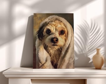 May include: A canvas print of a dog wrapped in a white towel. The dog has wet, light brown fur with dark patches around the ears and eyes. The dog's brown eyes are focused forward. The background is a muted, warm tone.