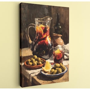 May include: A still life painting featuring a glass pitcher filled with sangria and orange slices. A glass of sangria, olives, and a bottle are also visible. The painting has a warm color palette with dark and earthy tones.