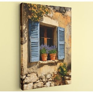 French Country Window Canvas: Provence Farmhouse, Lavender Pots, Cottagecore Wall Art