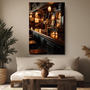 a cozy and inviting bar setting with a wooden bar counter, stools, and a comfortable couch. The room is decorated with potted plants, vases, and a wooden coffee table, creating a warm and welcoming atmosphere.