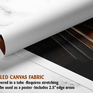 The image is a rolled canvas fabric, which is a type of canvas material used for painting or printing. It is described as a tube-delivered fabric, which means it is delivered in a tube and requires stretching before use. It can be used as a poster with a 2.5" edge area.