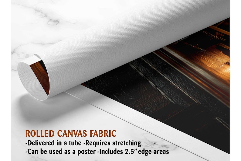The image is a rolled canvas fabric, which is a type of canvas material used for painting or printing. It is described as a tube-delivered fabric, which means it is delivered in a tube and requires stretching before use. It can be used as a poster with a 2.5" edge area.