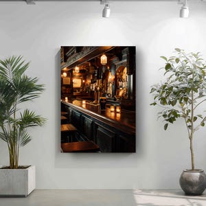 a cozy bar scene with a wooden bar counter, lit candles, and a potted plant on the left side.