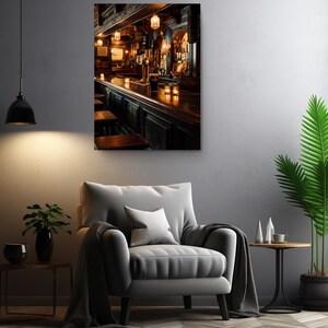 a cozy living room with a comfortable armchair, a small side table, and a potted plant. Above the armchair, there is a framed photograph of a bar scene, creating a warm and inviting atmosphere.