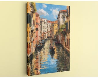 Vibrant Venice Canal Painting on Canvas, Impressionistic Italian Cityscape with Gondola, Romantic European Wall Art for Living Room Decor