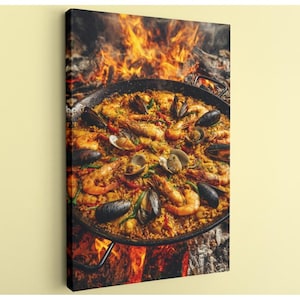 Spanish Paella Canvas Wall Art, Rustic Food Photography for Kitchen, Cooking on Open Fire Print, Vibrant Dining Room Decor, Foodie Gift.