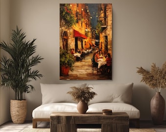 Italian Alley Canvas Wall Art, Romantic European Street Cafe Painting, Tuscan Wall Decor