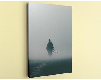 Samurai Wall Art, Japanese Warrior in Fog Canvas Print - Minimalist Ronin Silhouette, Moody Black and White Decor for Man Cave, Bushido Art