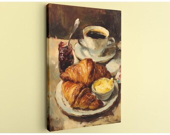 French Breakfast Still Life Painting Canvas, Impressionistic Croissant and Coffee Art, Cozy Kitchen & Dining Room Wall Decor, Foodie Gift