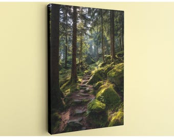 Enchanted Forest Path Canvas Art - Sunlit Mossy Woods Print, Woodland Hiking Trail Wall Decor, Nature Lover Gift for Cabin or Living Room