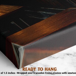 The image is a close-up of a wooden frame with a textured surface, and it is described as a ready-to-hang artwork.