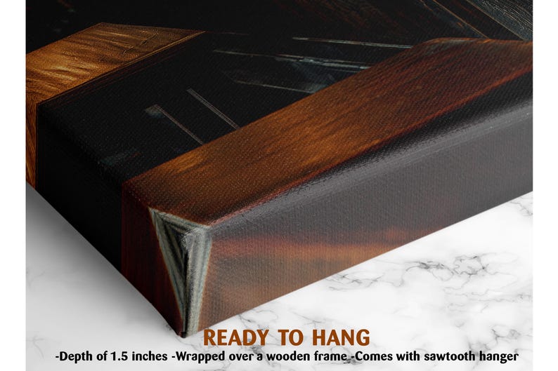 The image is a close-up of a wooden frame with a textured surface, and it is described as a ready-to-hang artwork.