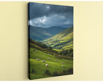 Irish Landscape Wall Art, Green Hills of Ireland Canvas - Moody Scottish Highlands Scenery with Sheep, Celtic Farmhouse Home Decor Print