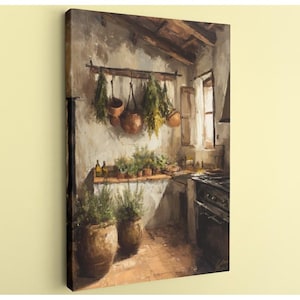 May include: An oil painting depicts a rustic kitchen scene. Herbs hang from a wooden beam above copper pots. Potted plants sit on a shelf, and two large terracotta pots with plants are in the foreground. A stove and window are visible.