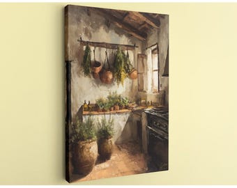 Rustic Tuscan Kitchen Painting Canvas, Impressionistic Italian Farmhouse Wall Art, Cozy Old World Decor with Herbs and Copper Pots
