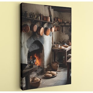 May include: A canvas print depicting a rustic kitchen scene. Copper pots and pans hang above a stone fireplace with a burning fire. Baskets of bread and a wooden table add to the old-world charm. The warm tones create a cozy atmosphere.